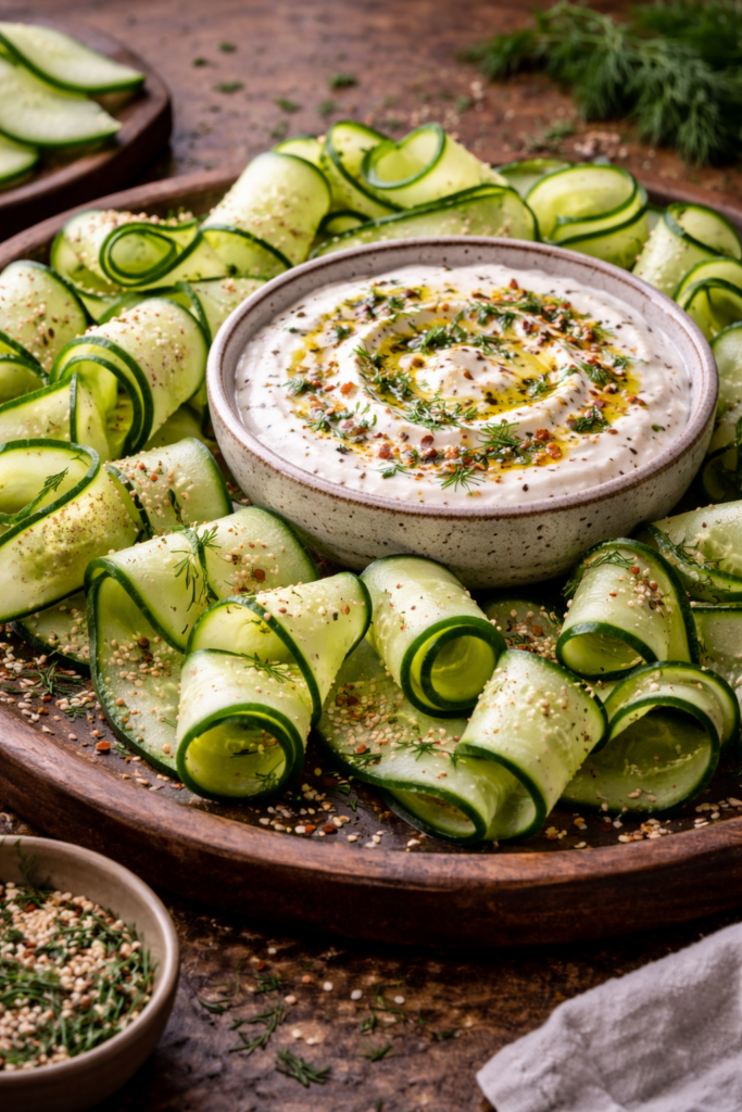 cucumber ribbons with yogurt dip