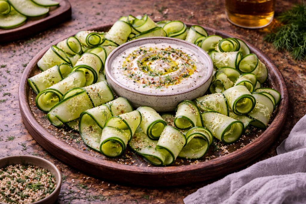 cucumber ribbons with yogurt dip