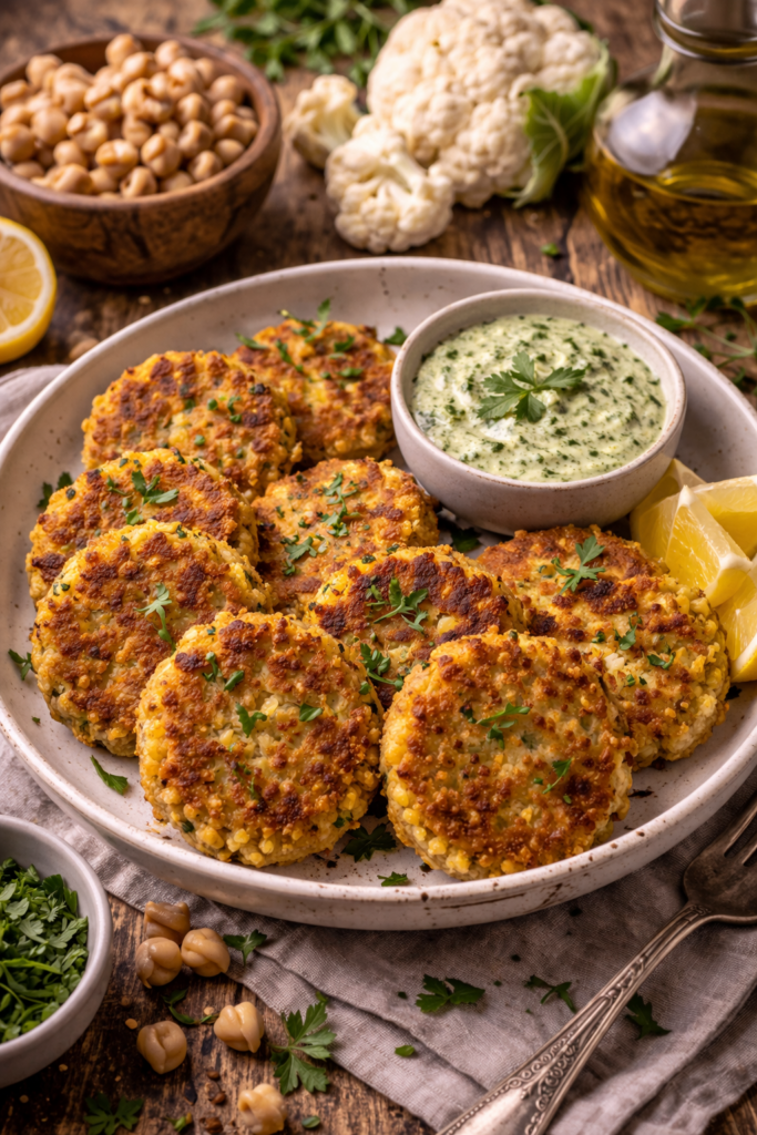 cauliflower chickpea patties with herb sauce