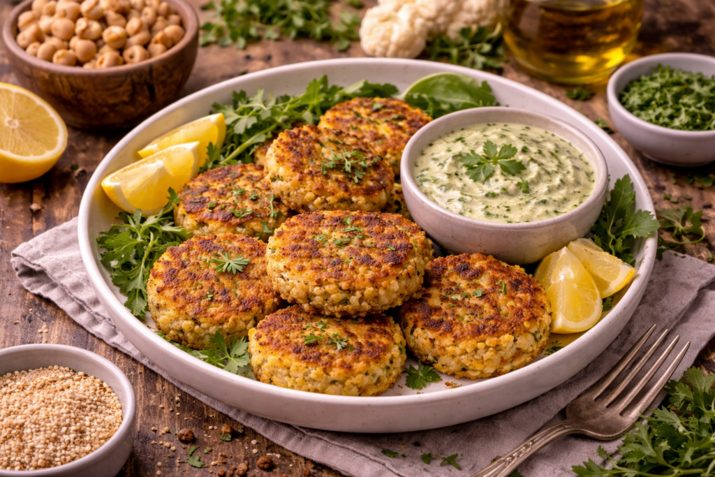 cauliflower chickpea patties with herb sauce
