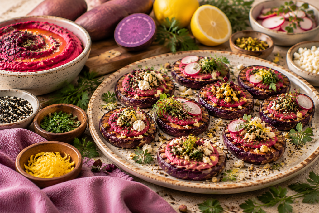 purple potato and beet hummus bites