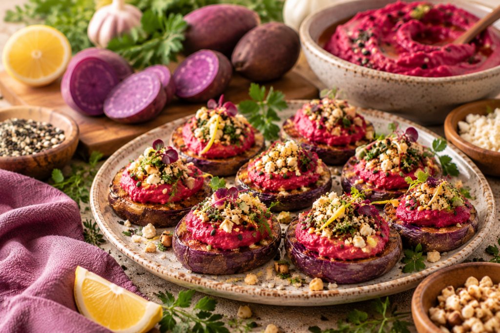 purple potato and beet hummus bites