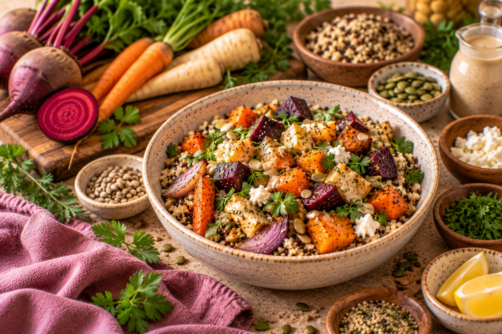 root veggie and grain bowl