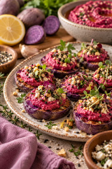 purple potato and beet hummus bites
