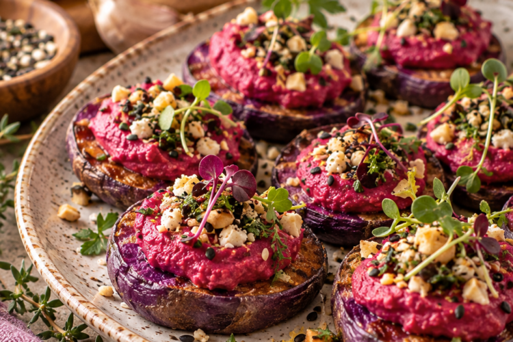 purple potato and beet hummus bites